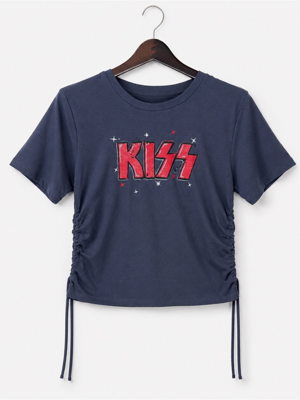 KISS Band Graphic Ruched Side Drawstring Tee Gray Rock Concert Top L
